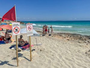Bandera vermella i senyalització de prohibició a sa Roqueta.