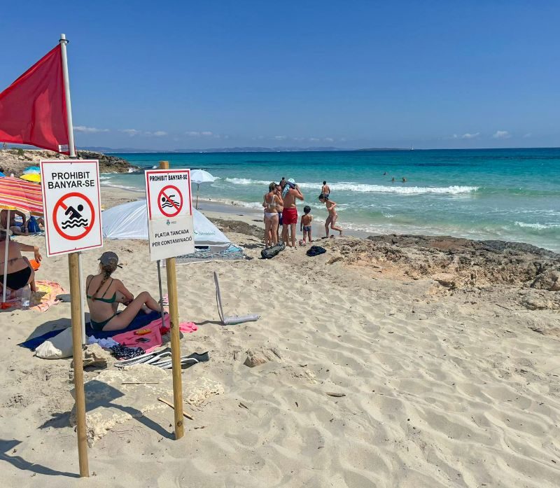 Bandera vermella i senyalització de prohibició a sa Roqueta.